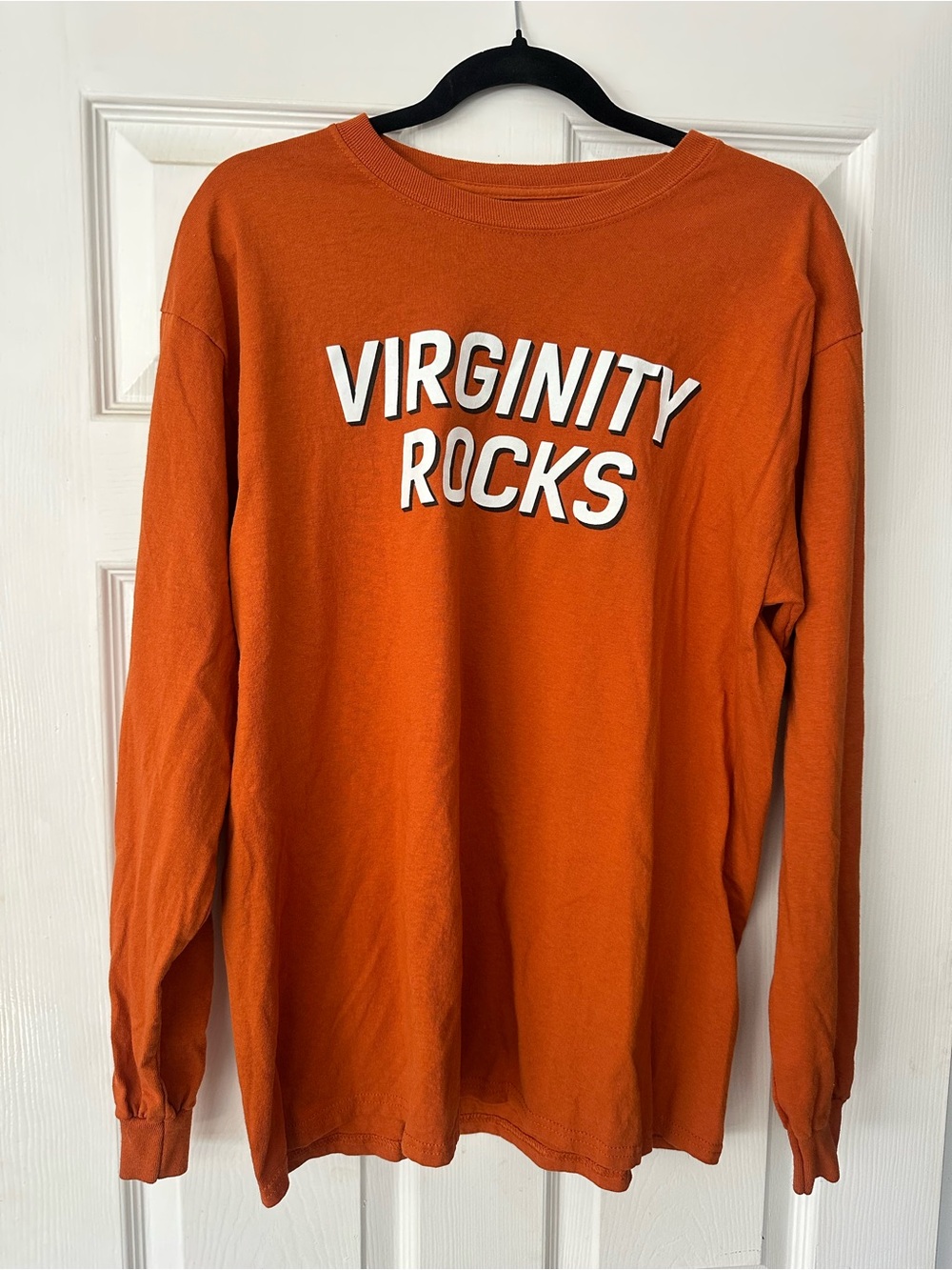 Virginity rocks Orange Crewneck Sweatshirt with White Rose Print
